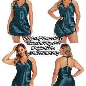 Plus Size Satin Lace Trim Slip Chemise - Teal